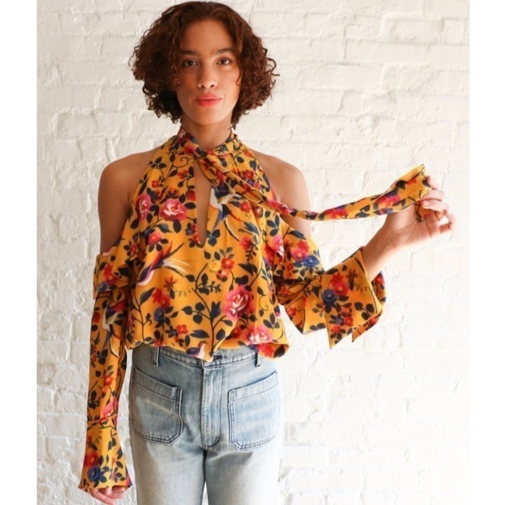 Tanya Taylor Adrienne Kimono Floral Silk Top Blouse in Marigold Cold Shoulder 2